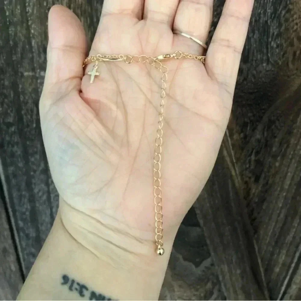 Gold Double Layer Multicolor Heart & Cross Station Choker Necklace NWT - Picture 3 of 3